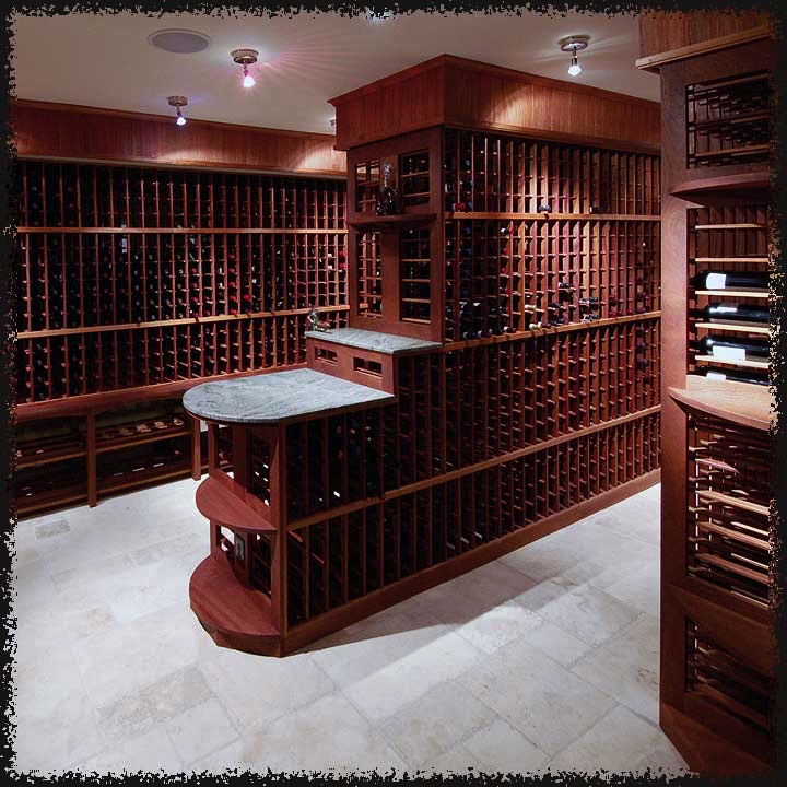 This 7000 bottle mahogany cellar design was driven by the collector's inventory requirements and desire for simple aesthetic.