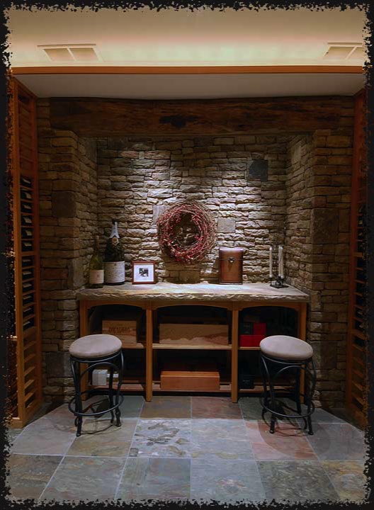 A natural stone slab top is supported by robust racks that also serve as case storage.